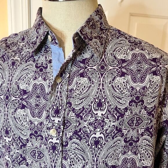 NWOT Men's Cremieux Purple & Gray Paisley Button Front Long Sleeve Shirt Size XL - Picture 2 of 3